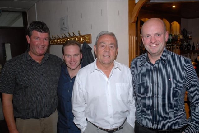 Special guest at the 2010 Olderfleet Liverpool FC Supporters' Club dinner was Ian St John, pictured with James Morrow, Steven Johnston and James McCloy.