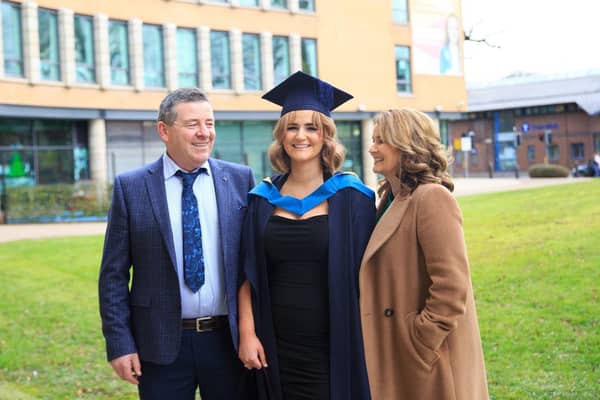 South West College (SWC) Dungannon graduate Oran McAliskey from Coalisland, with her family celebrating her achievements on the Open University BEng (Hons) Engineering.