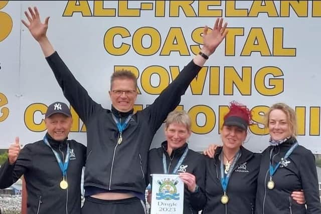 Gold medal-winning Mixed Veteran crew, left to right: Michael Millar, Jason Greenwood, Beverly Gaston (cox), Lheanna Kent and Gina Patterson. Photo submitted by Whitehead Rowing Club.