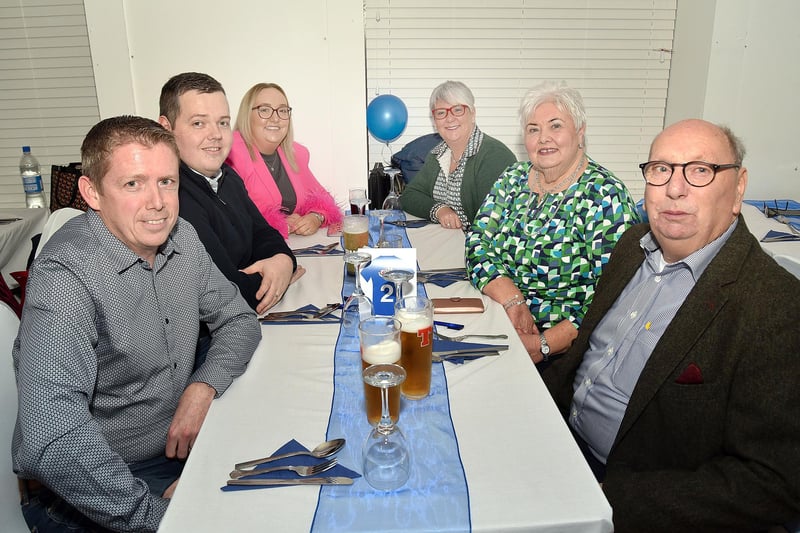 Guests who enjoyed the Hilbert Willis 100th birthday eent at Loughgall FC including from left, Richard Stoops, Gareth Warnock, Zoe Warnock, Adele Stoops, Valerie Creaney and Richard Cfreaney. PT07-208.
