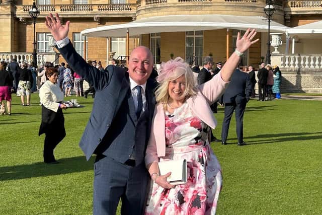 Maurice Shearer, pictured with his wife Janet, attended a garden party for the King's Coronation at Buckingham Palace.  He has been awarded a BEM in the King's Birthday Honours.  Photo: Maurice Shearer