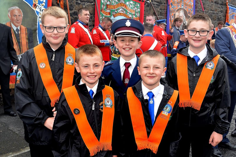 Pictured before the 12th parade in Portadown are members of Edenderry JLOL 51 from left, Thomas McClelland, Josh Farmer, Matthew Sharpe, James Farmer and Ben Sharpe. PT22-202.