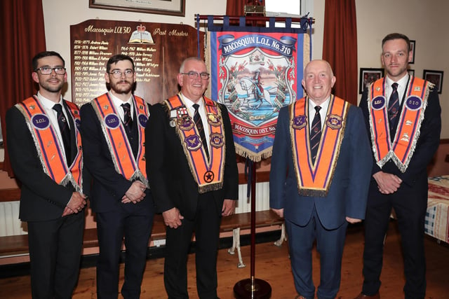Members of the Kelly family pictured with Macosquin LOL 310 new bannerette are from left: Bro. Greg Kelly, Bro. Alex Kelly, Wor. Bro. Mark Kelly, Bro. William Kelly (jnr), Bro. Simon Kelly. Pic: McAuley Multimedia