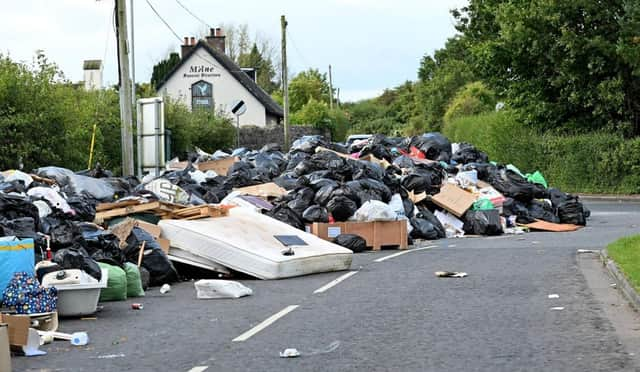 Fly tipping outside Newline recycling centre in Portadown after council workers have gone on strike (Stephen Hamilton/Presseye)