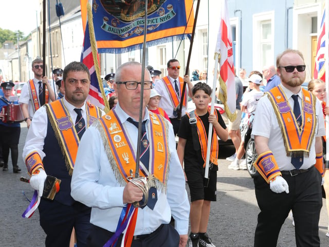 Ballymoney, Rasharkin, Cloughmills, Bushmills and Ballycastle were in attendance at the Twelfth demonstration in Ballymoney with a total of 43 Lodges and 22 bands.