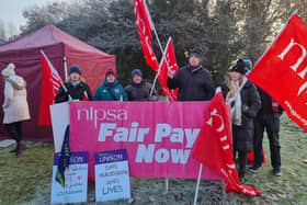 Health workers at the demonstration beside the picket line outside Craigavon Area Hospital, Co Armagh on Monday. Photo courtesy of Paul Cranston