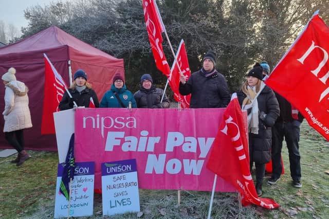 Health workers at the demonstration beside the picket line outside Craigavon Area Hospital, Co Armagh on Monday. Photo courtesy of Paul Cranston