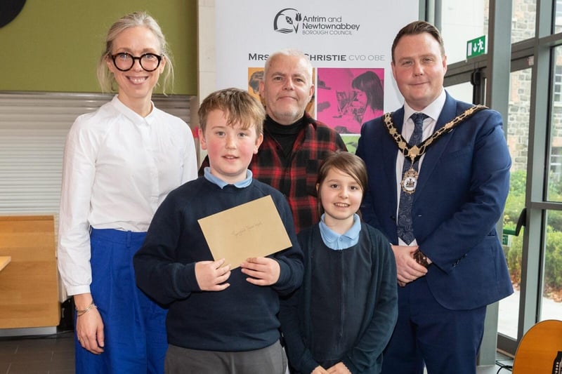 Thornfield House School, Special Schools Bursary Award winners, pictured with Mayor of Antrim and Newtownabbey, Councillor Mark Cooper BEM and chair of the bursary panel, Harriett Roberts.
