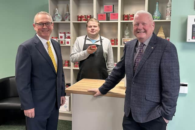 Pictured at the launch of the Harmony Studio, from left are Greg McKinley, Jordan Gibson and James Perry MBE. Credit Naked PR