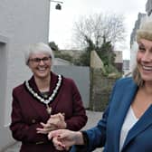 Host, Sarah Travers, tries on Barrister David Bate's wig to add a touch of judicial proceedings to the official opening event for the €7.8m Courthouse Shared Creative Hub in Bushmills. Joining in on the celebration was Councillor Tanya Stirling, Deputy Mayor of Causeway Coast and Glens Borough Council.