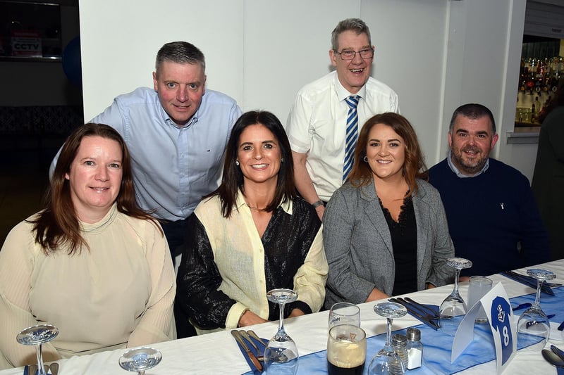Enjoying the atmosphere at the 100th birthday party for former Loughgall FC chairman and groundsman, Hilbert Willis are from left, Sharon Anderson, Richard Greenaway, Gillian Greenaway, Paul Reilly, Dianne Rhodie and George Rhodie. PT07-216.