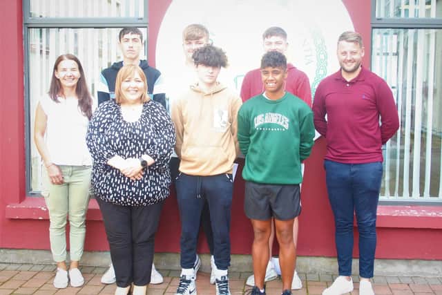 St Ronan's College, Lurgan A Level and AS top achievers  with Mrs Bronagh Bradley, Director of Key Stage 5, Mr Charlie McConville, Vice Principal, Mrs Fiona Kane, Principal.