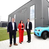 At the new Northern Ireland Technology Centre are (L-R) Darren Walker, systems & software director and site leader at Sensata NI, deputy First Minister Emma-Little Pengelly and Stephan von Schuckmann, CEO of Sensata Technologies. Photo: submitted