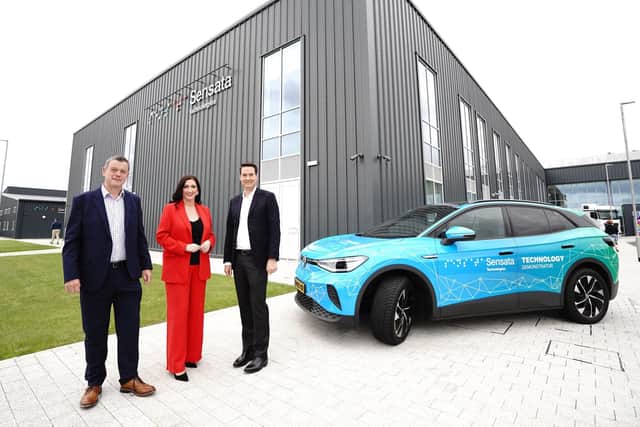 At the new Northern Ireland Technology Centre are (L-R) Darren Walker, systems & software director and site leader at Sensata NI, deputy First Minister Emma-Little Pengelly and Stephan von Schuckmann, CEO of Sensata Technologies. Photo: submitted