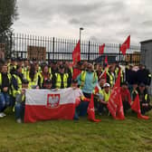 Workers and members of Unite the Union take part in the first of a two day strike at Craigavon firm Vista Therm. Around 50 plus workers are striking over pay and respect issues.