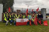 Workers and members of Unite the Union take part in the first of a two day strike at Craigavon firm Vista Therm. Around 50 plus workers are striking over pay and respect issues.