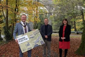Deputy Lord Mayor Kyle Savage, Chris McNabb from HLM Architects and Chair of the Place Board, Ethna McNamee launch the draft Dromore Place Plan to gather community feedback.
