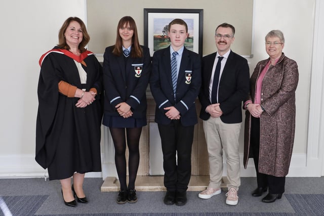 Dr Stephen McAdoo, Miss Gwyneth Evans, Mrs Lynne Dripps pictured at the presentation of the  Rev. E. Morrison Prizes for Best Middle School Performances – Leah Whinnery (Abs), Tyler Gillis, and Evelina Soldatenkova.