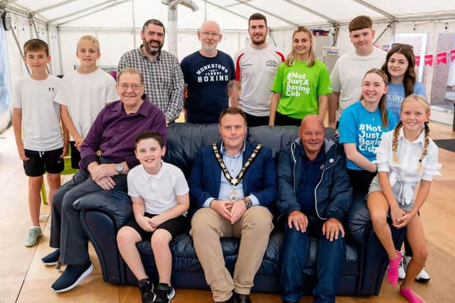 Tyler Letson, Ryan Gallagher, Stephen Gamble (Housing Executive’s Good Relations Officer), Paul Johnston (Project Manager), Daryl Clarke (Project Coordinator), Iryna Lykhosherst (volunteer), Macauley Judson (young leader), Kailey Francey (young leader), Billy Snoddy (Chairperson), Jayden Mullan, Cllr Mark Cooper, Mayor), David McCrea (chair of Monkstown Jubilee Centre), Eva Bennet and Anna Stitt (young women's ambassador).