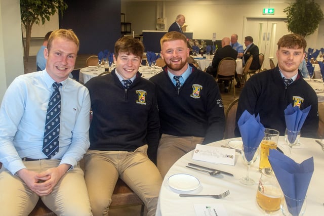 All smiles at the Portadown RFC awards dinner from, Andrew Morrison, Charlie Logan, Phil Shirley and Jordan Robb. PT14-228.