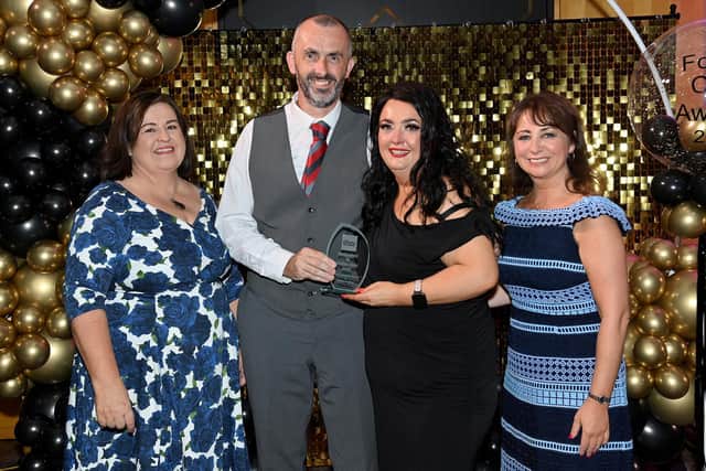 L-R: Kathleen Toner (Director of The Fostering Network in NI), Joanne & Seamus, winners of Excellence in Foster Care Award with Kerrylee Weatherall (Interim Director of Children’s Community Services – representing HSC NI Foster Care). Credit Northern Health and Social Care Trust