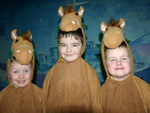 Dressed as three little reindeers are these St.Brigids PS pupils getting ready for the rehearsals of their Christmas Play in 2007.