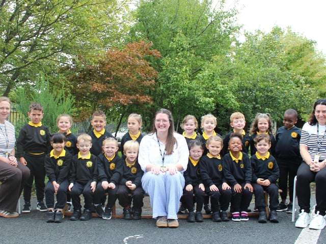 The new P1AM class at Hart Memorial Primary School, pictured with Mrs Agnew and Mrs Magowan.