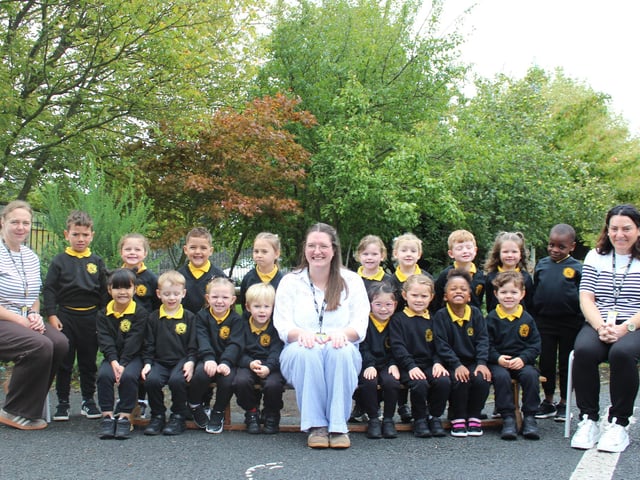 The new P1AM class at Hart Memorial Primary School, pictured with Mrs Agnew and Mrs Magowan.
