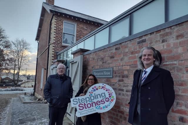 Alderman Allan Ewart MBE, Development Committee Chairman at Lisburn & Castlereagh City Council meets up with Paula Jennings, Chief Officer of Stepping Stones NI and Michael Scott, Chairman of Stepping Stones NI Board to hear their plans for the charity's new base at Lagan Navigation House.
