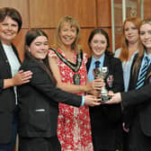 Lord Mayor of Armagh City, Banbridge and Craigavon, Councillor Margaret Tinsley and Councillors Julie Flaherty and Kate Evans with Portadown College pupils, Mollie, Charlotte and Evie who won the Ballymena Modern Dance Festival Schools Cup.