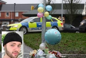 Police at the scene in the Edward Street area of Lurgan where the body of Odhrán Kelly (inset) was found on Sunday. Picture: Pacemaker / family