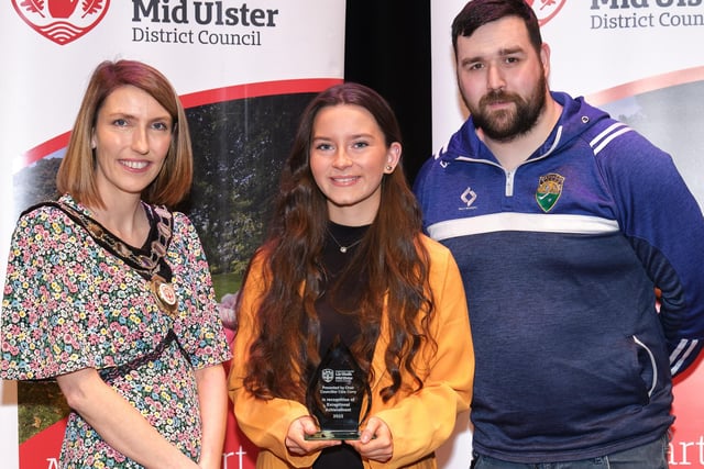 Eva Jane Muldoon who has been crowned the Girls Under 15 Ulster Champion is pictured with Chair of the Council, Councillor Córa Corry. This is Eva Jane’s sixth major title win in her Irish Dancing career, previously winning multiple World, All Ireland & Ulster Championships titles. Eva Jane is from the Quinn School of Irish Dancing, also pictured is nominating Councillor Dan Kerr.
