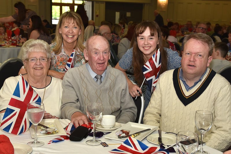 Councillor Margaret Tinsley, back left, and her daughter Anna pictured with her parents Mildred and Tom Preston and her brother Charles at the Coronation tea Party . PT17-297.