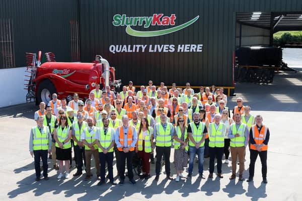 The team at Craigavon based firm SlurryKat with guests from its supplier and dealership network. The firm announced a multi-million pound investment on its 15th anniversary this week.
