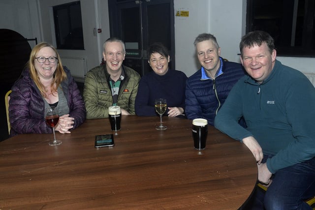 All smiles at the Parents and Friends Of Portadown College quiz on Friday night are from left, Sara Gilpin, James Gilpin, Julie and Stephen Hamilton and Nigel Speers.. PT09-202.