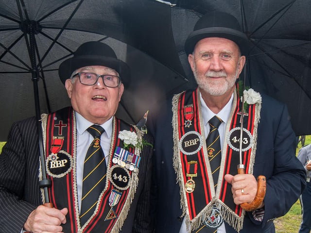 Sir Knights David Magwood, left, and Adrian Ferguson from Aghavilly RBP 443 well prepared for the weather at the Last Saturday parade in Dungannon.