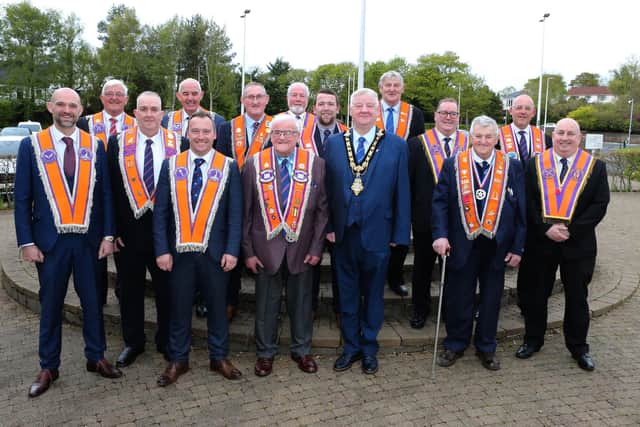 The Mayor of Causeway Coast and Glens, Councillor Steven Callaghan has hosted a civic reception to celebrate the hard work of a retiring Orangeman. Pictured are Wor Bro Andy McLean with members of the Orange Order including The Mayor, councillor Steven Callaghan and councillor Allister Kyle