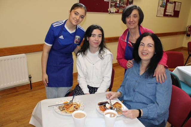 Courtney and Beverley Irvine with Faye and Linda Walker enjoying the breakfast organised by Legananny Accordion Band last Saturday.