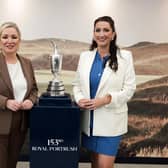 First Minister Michelle O’Neill and deputy First Minister Emma Little-Pengelly pictured with the famous Claret Jug at Royal Portrush Golf Club. CREDIT KELVIN BOYES