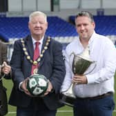 Mayor Cllr Steven Callaghan with Victor Leonard, Chairperson SuperCupNI and Simon Magee, CEO Coleraine FC. Credit Causeway Coast and Glens Council