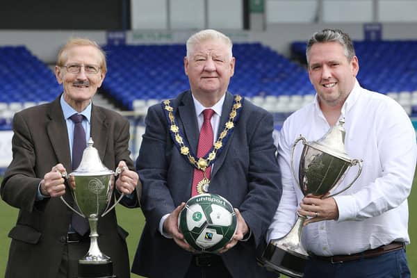 Mayor Cllr Steven Callaghan with Victor Leonard, Chairperson SuperCupNI and Simon Magee, CEO Coleraine FC. Credit Causeway Coast and Glens Council
