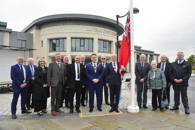 His Majesty’s Deputy-Lieutenant for County Antrim, Colonel Neil Salisbury OBE DL, politicians, veterans and representatives from the Royal British Legion were amongst the guests at the flag raising service at Antrim Civic Centre. (Antrim and Newtownabbey Council).