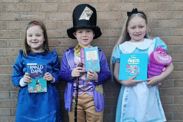 Abercorn Primary School pupils Darcie, Zach and Poppy as Roald Dahl characters.