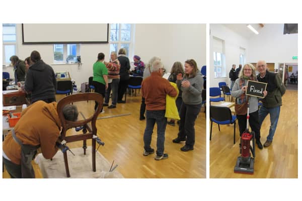 Visitors, volunteers and 'fixers' at a previous Repair Café in Whitehead.  Right:  Jane Robb, member of the organising committee with an item repaired at the event.  Photos: Steve Diamond
