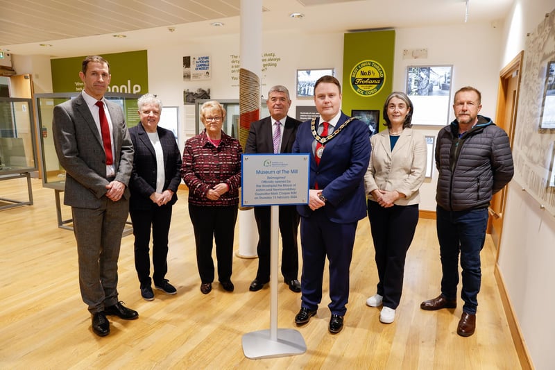 Chief Executive Richard Baker GM, Cllr Alison Bennington, Cllr Vera McWilliam, Cllr Billy Webb MBE JP, Cllr Mark Cooper (Mayor of Antrim and Newtownabbey), Cllr Roisin Lynch and Ald Stephen Ross at the Museum at The Mill reopening.