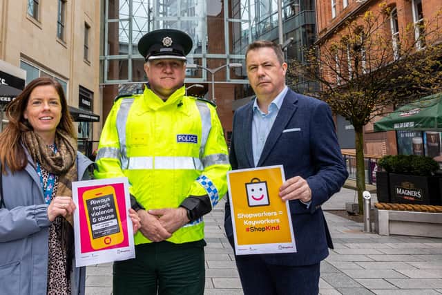 Eimear McCracken, Operations Manager of Belfast One BID, Police Service of Northern Ireland Business Crime lead Chief Superintendent Darrin Jones and Chief Executive of Retail NI, Glyn Roberts.