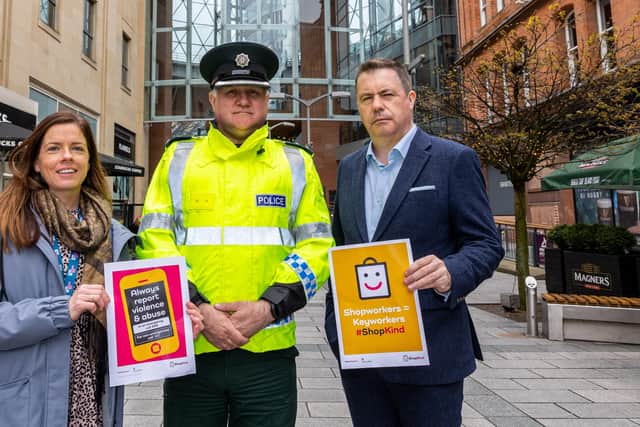 Eimear McCracken, Operations Manager of Belfast One BID, Police Service of Northern Ireland Business Crime lead Chief Superintendent Darrin Jones and Chief Executive of Retail NI, Glyn Roberts.