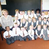 Harmony Hill Primary One Teacher Mrs Christine Idle and Classroom Assistant Mrs Karen Allen and her Primary One Class in 2008