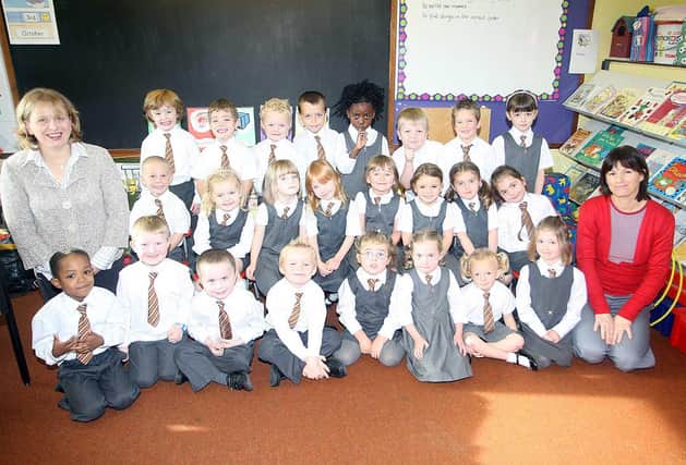 Harmony Hill Primary One Teacher Mrs Christine Idle and Classroom Assistant Mrs Karen Allen and her Primary One Class in 2008