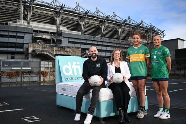 Pictured from (L-R) at the launch of the LGFA & DFI Beds partnership are Brian McCann, Managing Director; DFI Beds, Helen O'Rourke, CEO of the LGFA, Leitrim ladies footballer Charlene Tyrell and Limerick ladies footballer Róisín Ambrose.